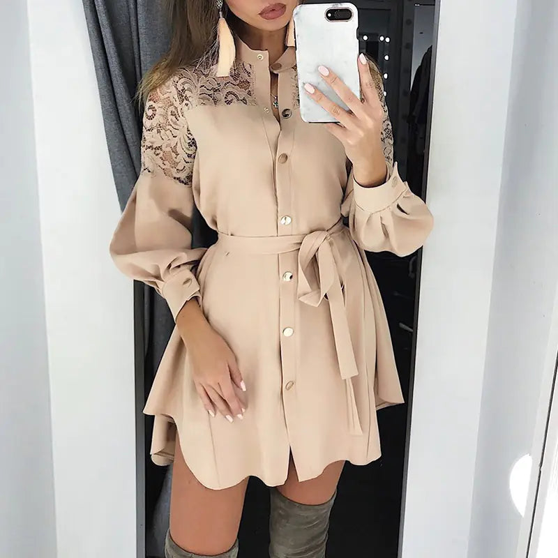 Lace Accent Long Sleeve Shirt Dress