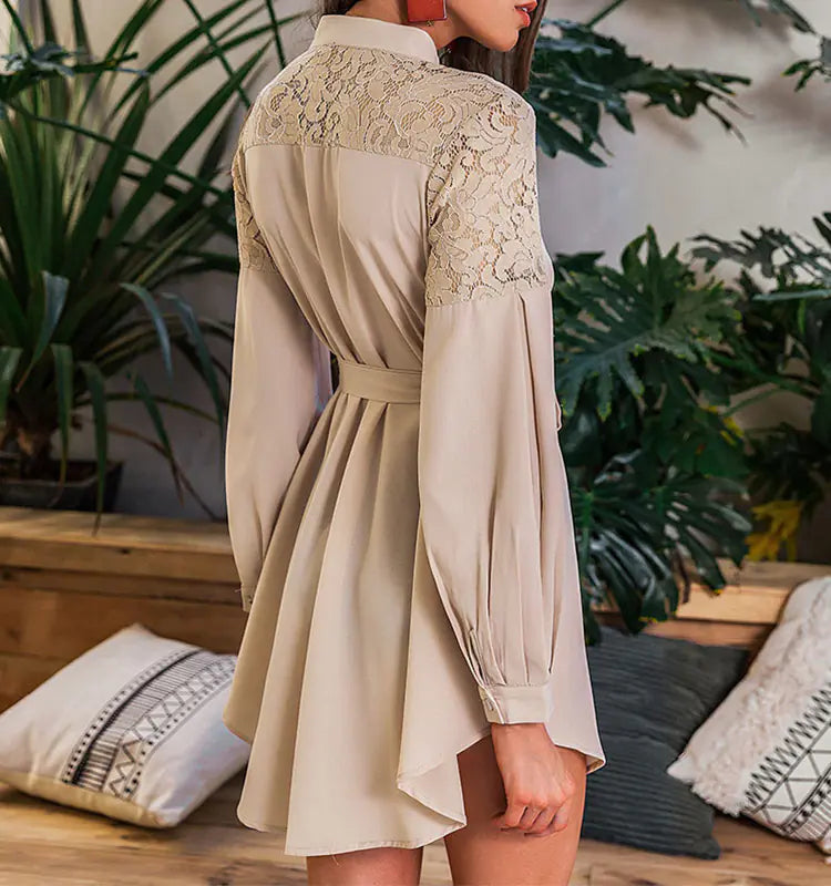 Lace Accent Long Sleeve Shirt Dress